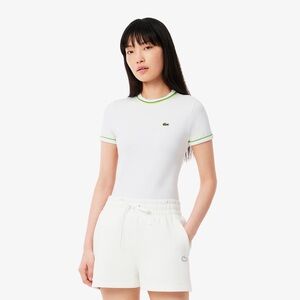 NWT Lacoste Women's Contrast Accent Jersey T-Shirt, White, Green and Yellow Trim